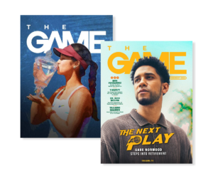 Two magazine covers titled The Game; left shows a woman drinking from a bottle against a blue background, right shows a man gazing upward with 'THE GAME' header.