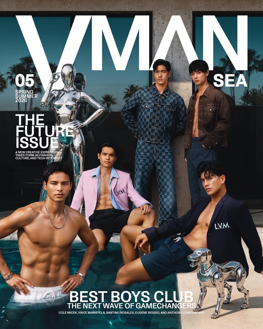 V MAN magazine cover: five male models by a pool with a shiny chrome mannequin and bold white text reading 'The Future Issue' and 'Best Boys Club' on the bottom edge.