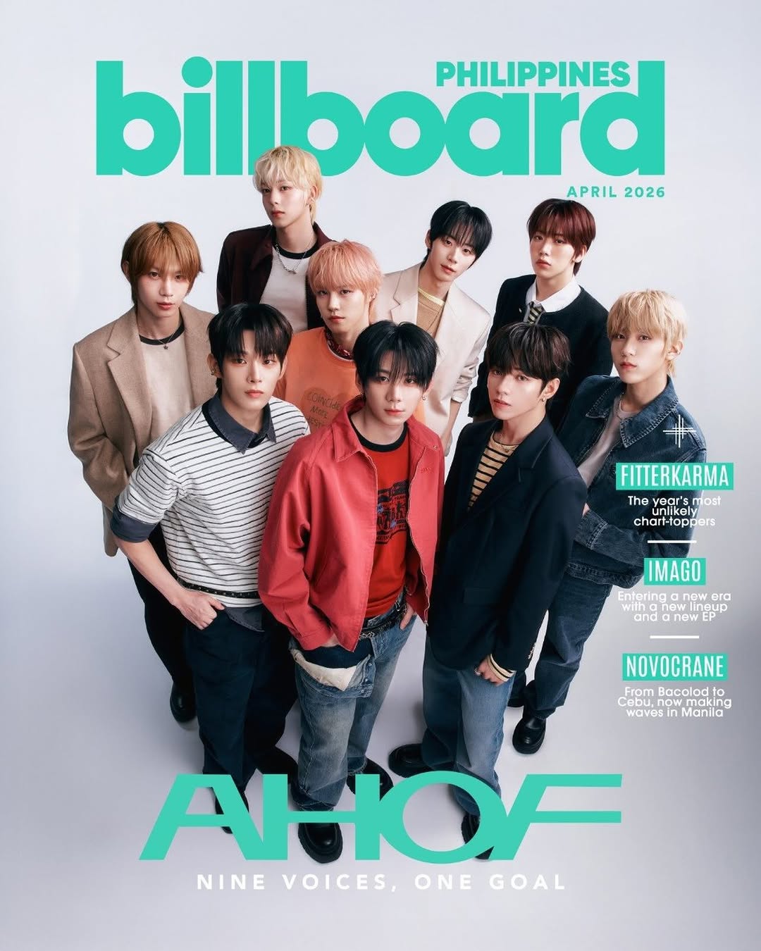 Billboard Philippines April 2026 cover featuring nine male idols posing together in stylish outfits against a light backdrop, with a mint-green Billboard logo at the top and 'Nine Voices, One Goal' at the bottom.