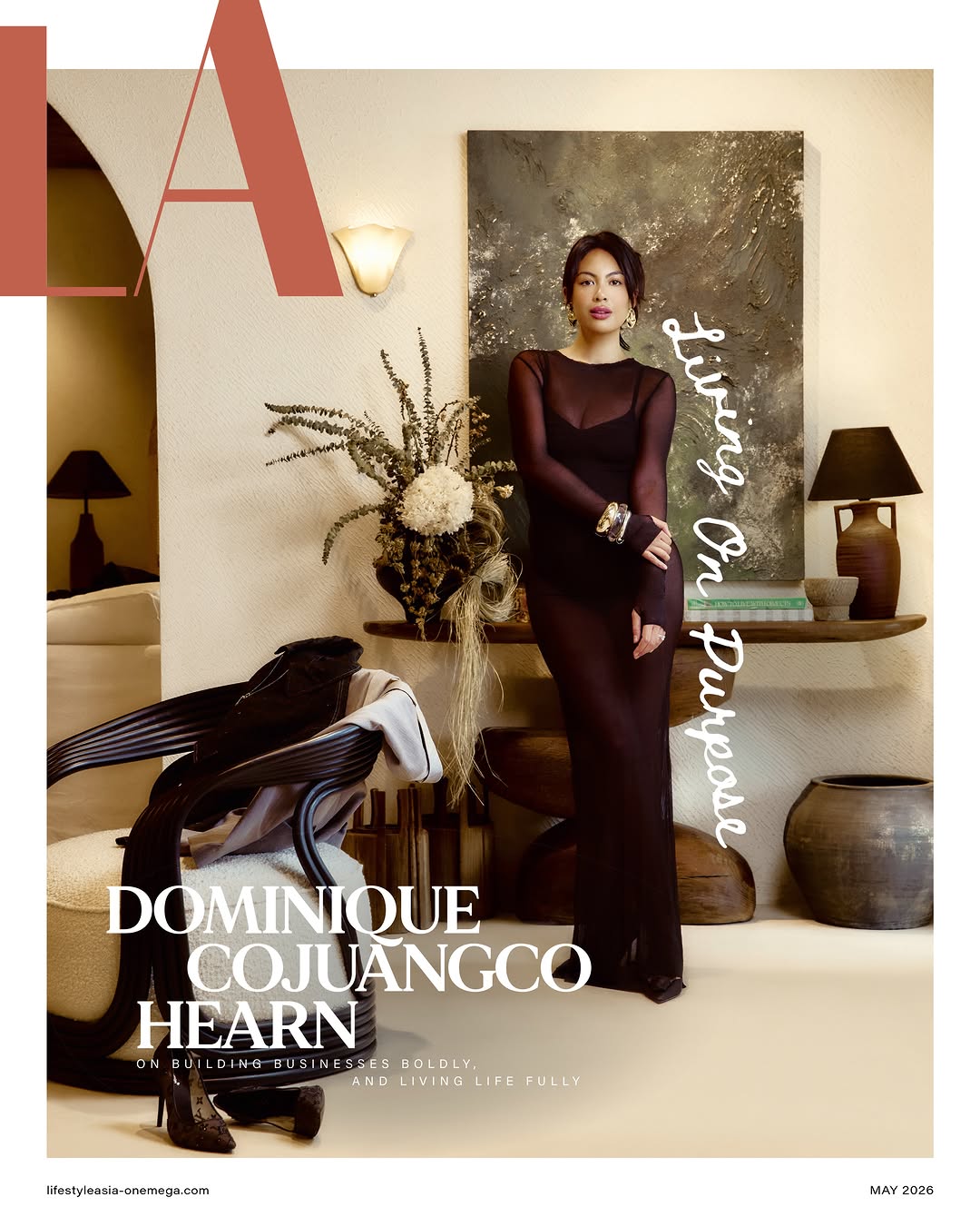 Lifestyle magazine cover featuring Dominique Cojuangco Hearn in a sheer black gown standing in a chic living room, with oversized white script along the right and a bold bottom-left headline.