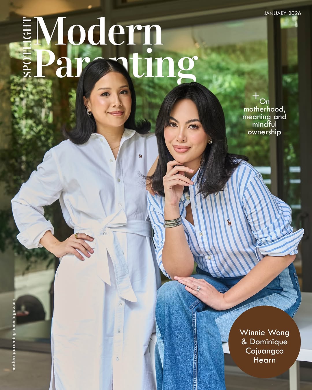 Modern Parenting magazine cover (January 2026) with two women posing indoors; one in a white dress, the other in a striped shirt, featuring motherhood article and a brown circle with names Winnie Wong & Dominique Cojanguco Hearn.